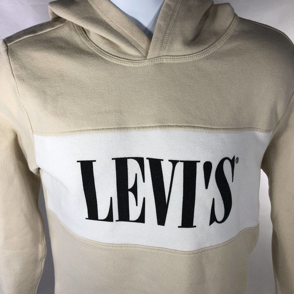 LEVIS HOODIE MENS SMALL BEIGE/TAN/WHITE HOODED SWEATSHIRT PULLOVER - Picture 5 of 15